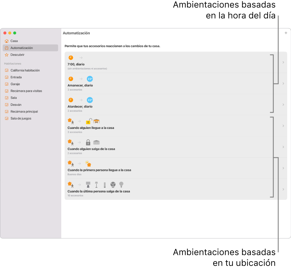 La pantalla Automatización mostrando ambientaciones basadas en la hora del día y ambientaciones basadas en la ubicación, como cuando alguien llega o sale de la casa.