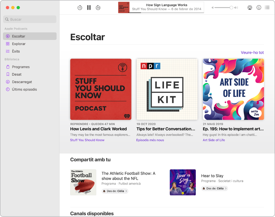 La finestra de l’app Podcasts que mostra diversos podcasts compartits amb tu.