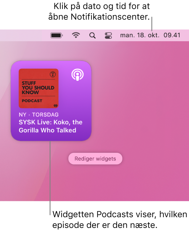 Widgetten Kø til Podcasts viser en episoder, der er tilføjet for nylig. Klik på datoen og klokkeslættet på menulinjen for at åbne Notifikationscenter og tilpasse widgets.