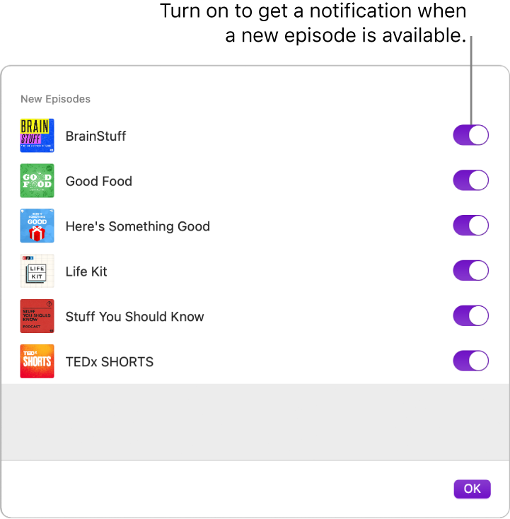The notifications window. Click the switch to get a notification when a new episode is available.