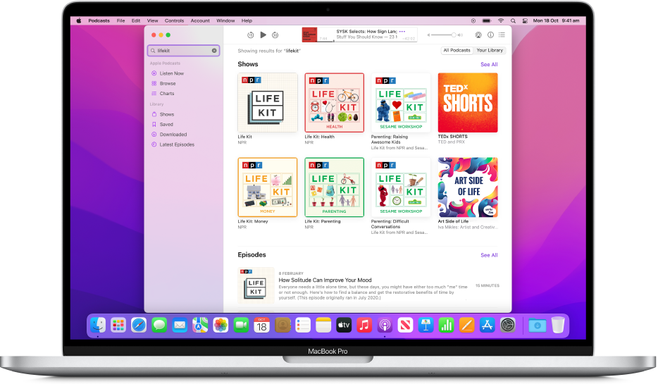 The Apple Podcasts window showing a search string and the results.