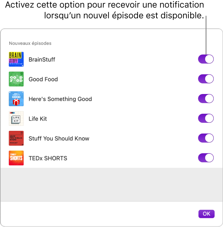 La fenêtre des notifications. Cliquez sur le bouton pour recevoir une notification lorsqu’un nouvel épisode est disponible.