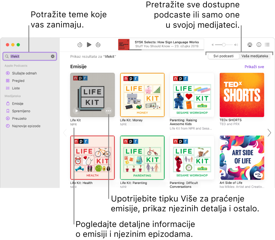 Prozor aplikacije Podcasti s tekstom unesenim u polje za pretraživanje u gornjem lijevom kutu te epizode i emisije koje odgovaraju pretrazi svih podcasta na zaslonu s desne strane. Kliknite na link ispod emisije za prikaz detalja o emisiji i njezinim epizodama. Pomoću tipke Više u emisiji pratite emisiju, promijenite njezine postavke i ostalo.