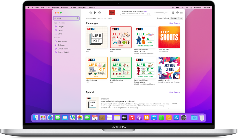 Tetingkap Apple Podcasts menunjukkan rentetan carian dan hasil.