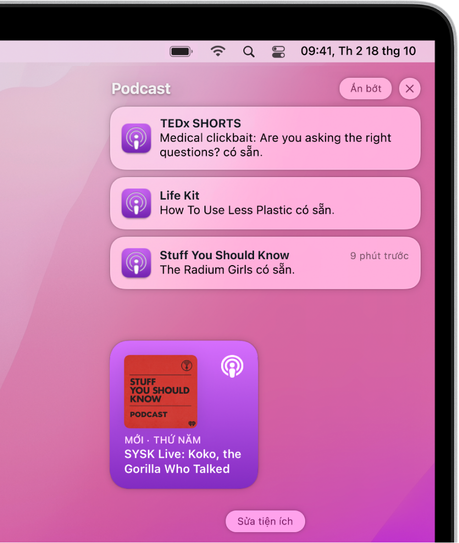 Góc trên cùng bên phải của màn hình nền máy Mac đang hiển thị các thông báo, bao gồm một thông báo cho tập mới có sẵn để nghe trong ứng dụng Podcast.