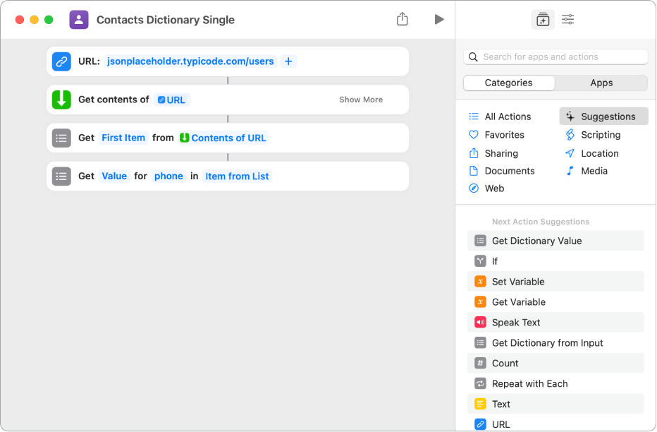 Get Dictionary Value action in the shortcut editor with the key set to phone.