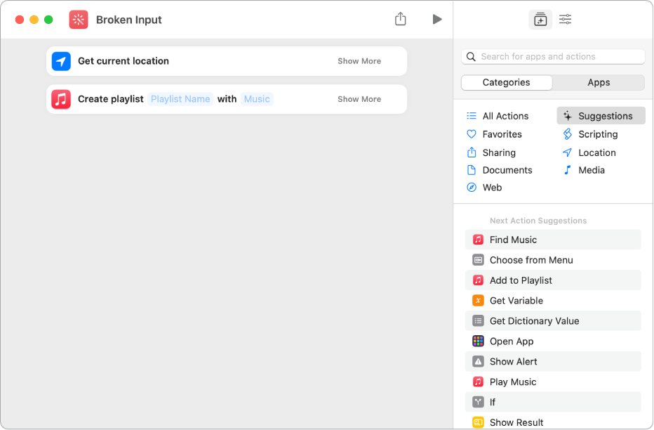 Example of incompatible actions in a shortcut.