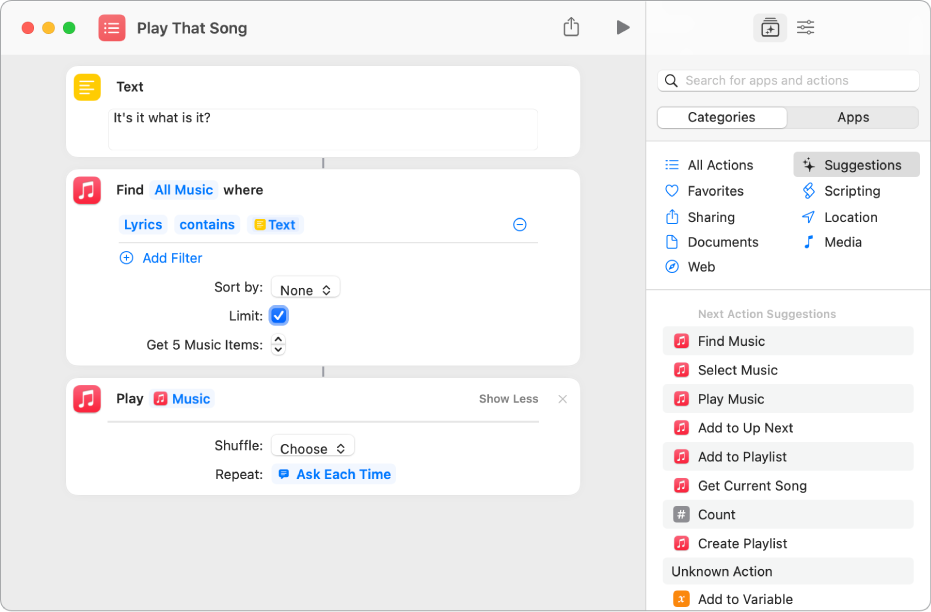 Ask Each Time variable replacing the Repeat parameters in the Play Music action in the shortcut editor.