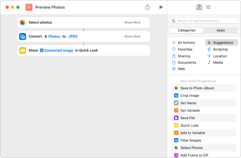 Example of a “get” action with center line passing its output to another action.