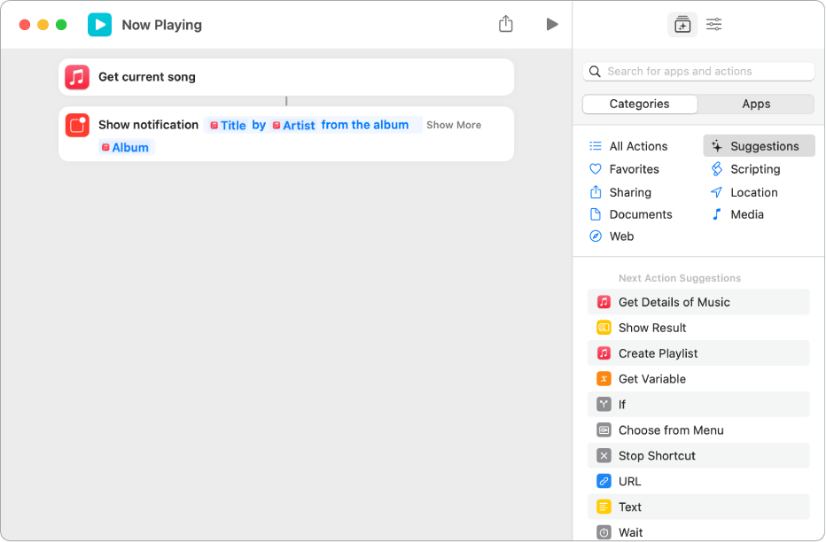 Show Notification action in the shortcut editor and Music Now Playing alert called by the Show Notification action.
