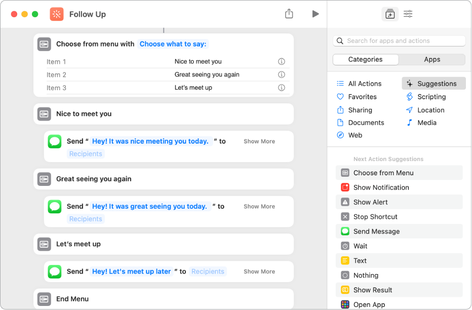 Example shortcut showing a “Choose from Menu” action.