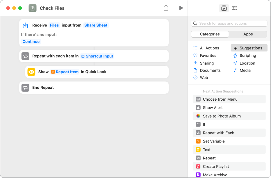 Quick look action in the shortcut editor.