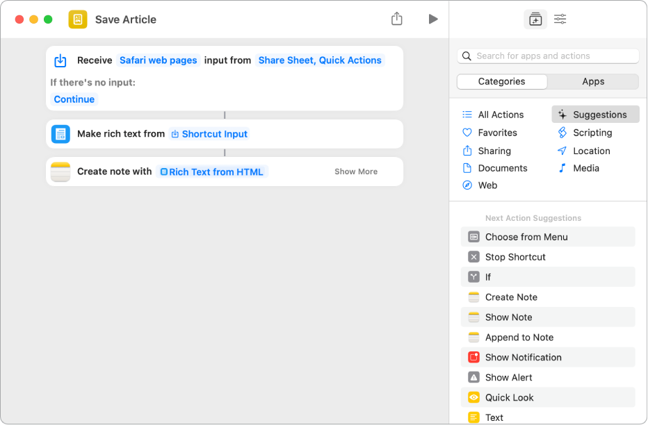 Actions shown in the shortcut editor.