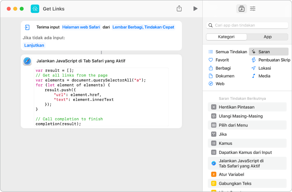 Menggunakan tindakan Jalankan JavaScript di Halaman Web di Pintasan di ...