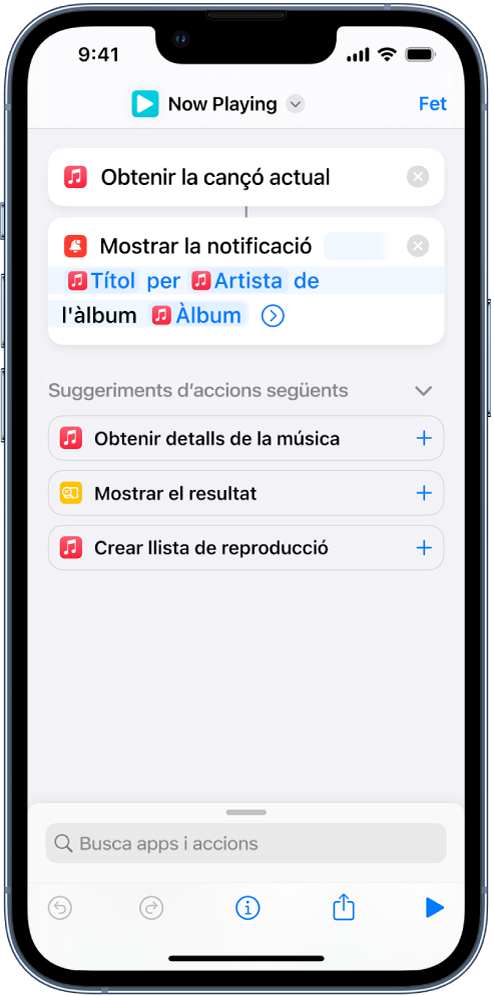L’acció “Mostrar notificació” a l’editor de dreceres i l’avís “S’està reproduint” de l’app Música cridades per l’acció “Mostrar notificació”.