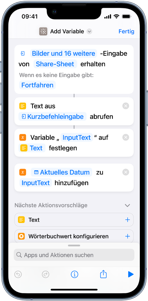 Kurzbefehleditor mit den Aktionen „Variable festlegen“ und „Zu Variable hinzufügen“.