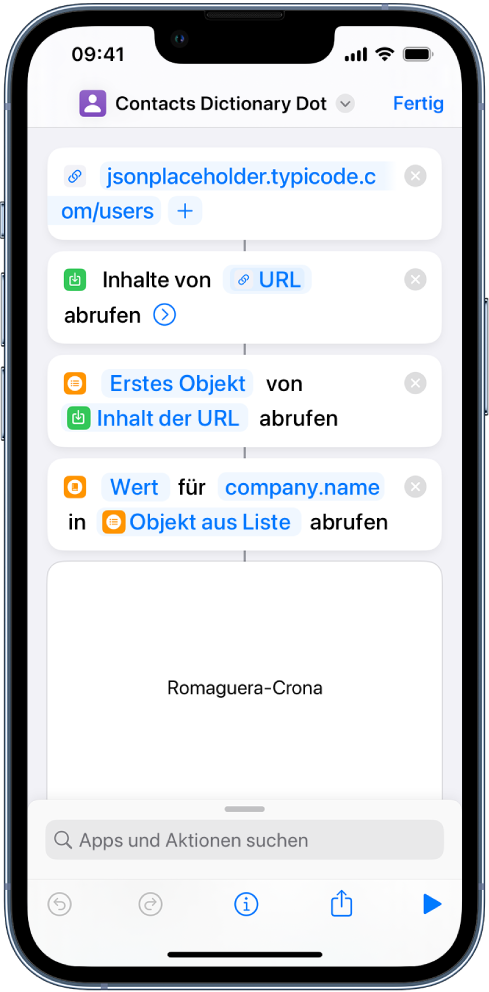 Die Aktion „Wörterbuchwert abrufen“ im Kurzbefehleditor zeigt den „company.name“ eingestellten Schlüssel.
