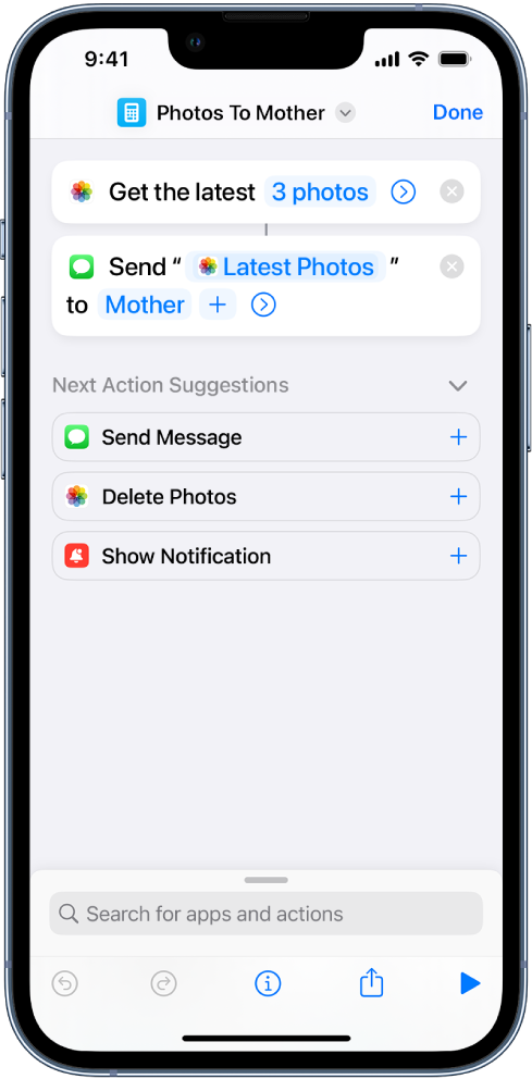 Shortcut containing a Get Latest Photos action and a Send Message action.