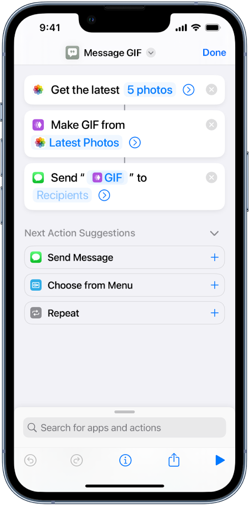 Shortcut editor showing actions used to send a message with photos as an animated GIF.