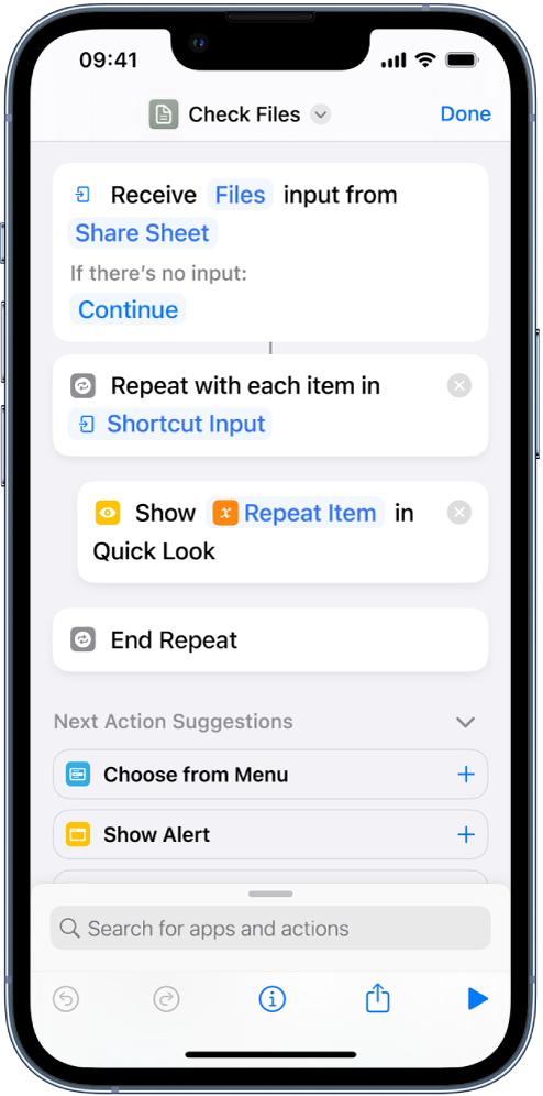 Quick look action in the shortcut editor.