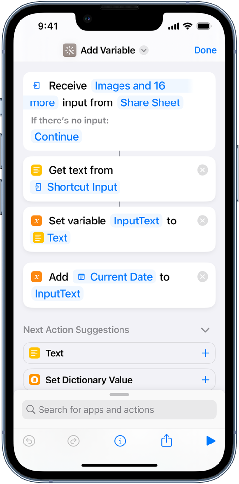 Set Variable and Add to Variable actions in shortcut editor.