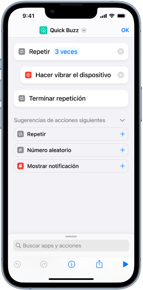 La acción “Hacer vibrar el dispositivo” ajustada para que se repita tres veces.