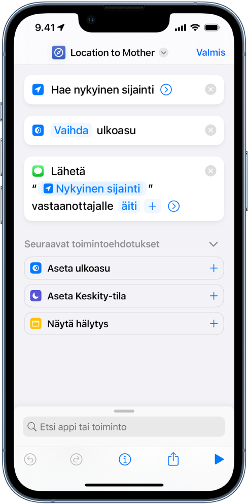 Esimerkkejä toiminnoista, jotka eivät muuta sisältöä vaan vievät sen muihin toimintoihin.
