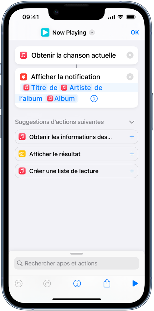 Action « Afficher la notification » dans l’éditeur de raccourcis et alerte « À l’écoute » de Musique appelées par cette action.