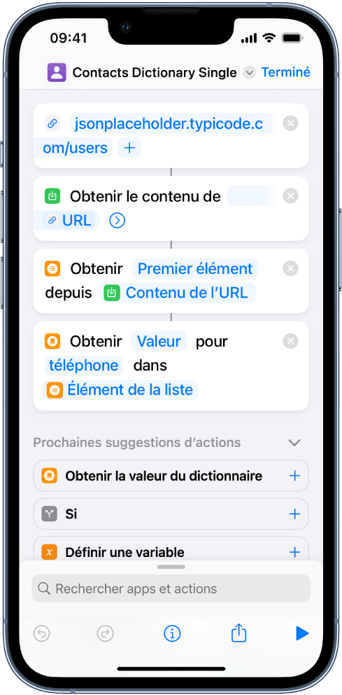 Action « Obtenir la valeur du dictionnaire » dans l’éditeur de raccourcis avec la clé définie sur « phone ».