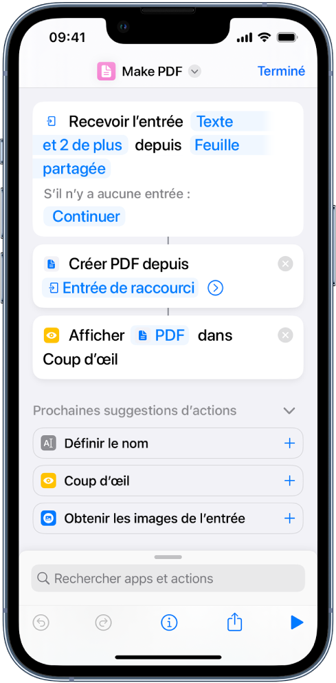 Éditeur de raccourcis montrant une ligne verticale connectant des actions.