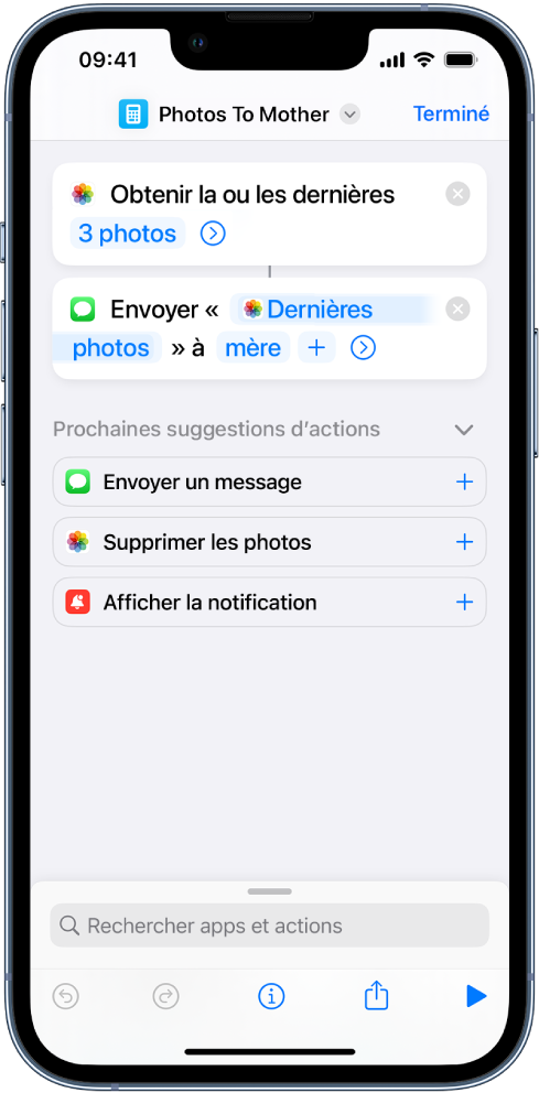 Un raccourci contenant l’action « Obtenir les dernières photos » et l’action « Envoyer le message ».