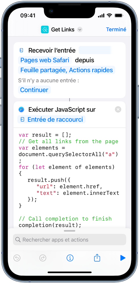 L’action « Exécuter JavaScript sur une page web » dans l’éditeur de raccourcis.