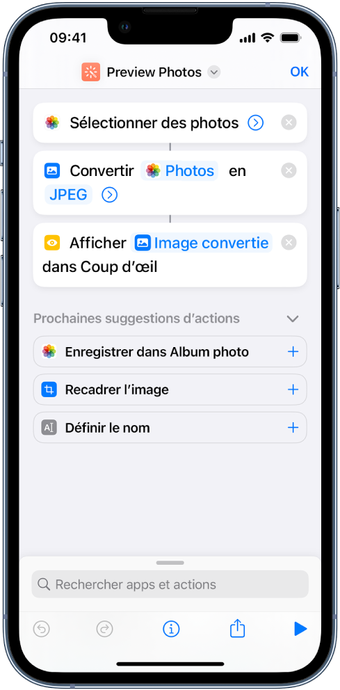 Exemple d’action « obtenir » avec une ligne centrale transmettant sa sortie à une autre action.