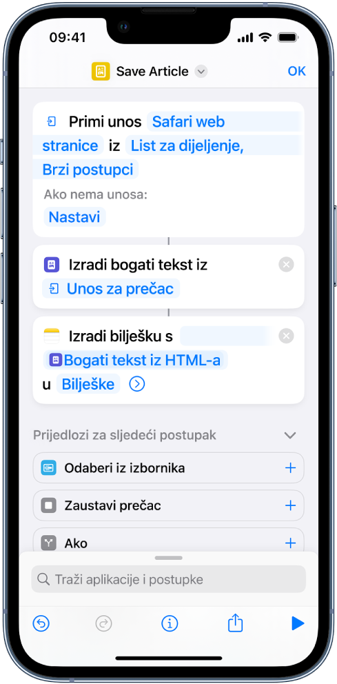 Radnje prikazane u uredniku prečaca.