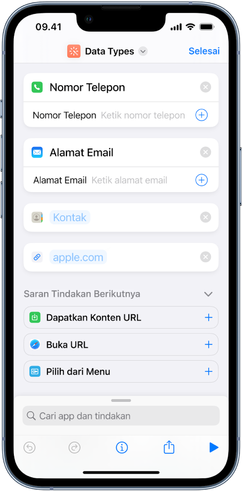 Editor pintasan menampilkan tindakan yang menyimpan konten di pintasan.