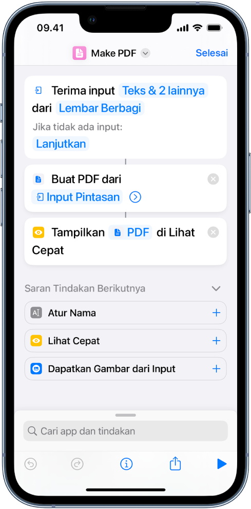 Editor pintasan menampilkan garis vertikal yang menghubungkan tindakan.