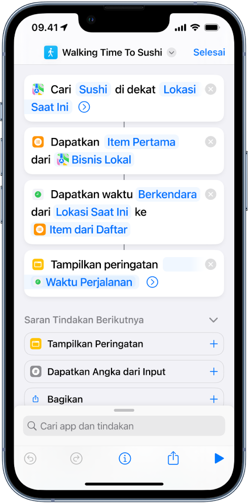 Editor pintasan menampilkan tindakan Dapatkan.