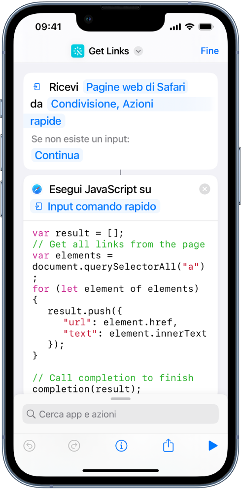 L'azione “Esegui JavaScript sulla pagina web” nell'editor di comandi rapidi.