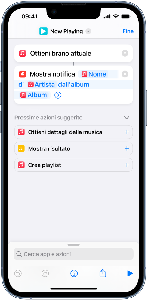 Azione “Mostra notifica” nell'editor di comandi rapidi e l'avviso “In riproduzione” di Music chiamato dall'azione “Mostra notifica”.
