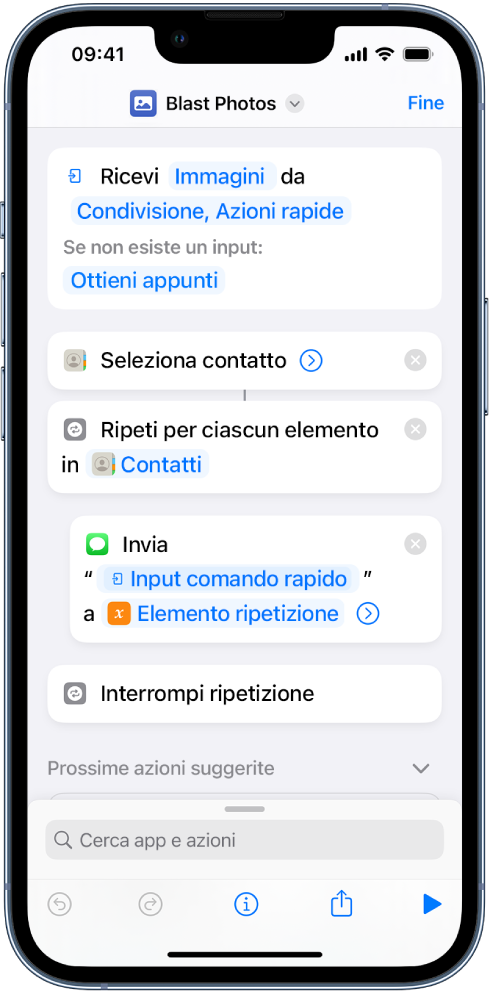 Esempio di comando rapido che mostra le azioni Ripeti.