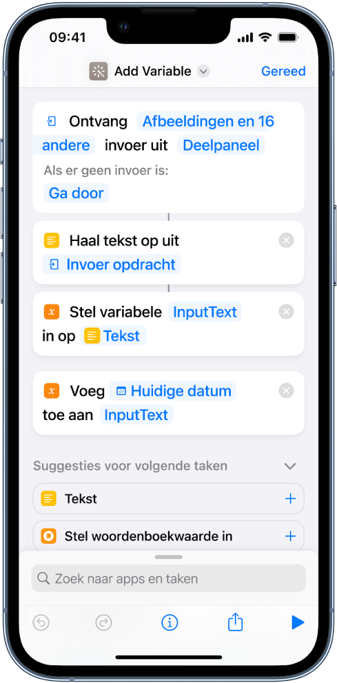 De taken 'Stel variabele in' en 'Voeg toe aan variabele' in de opdrachteneditor.