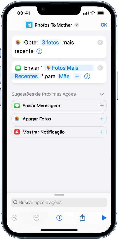 Atalho com uma ação Obter Fotos Mais Recentes e uma ação Enviar Mensagem.