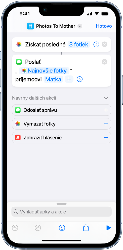 Skratka obsahujúca akciu Získať najnovšie fotky s Odoslať správu.