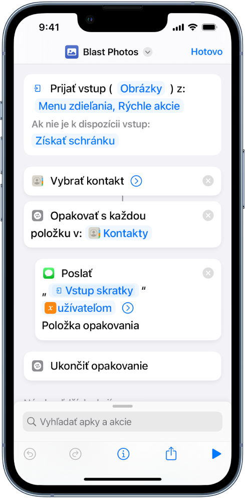 Príklad skratky s akciami Opakovať.