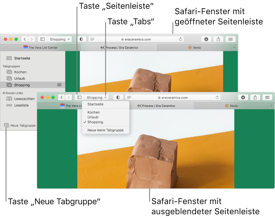 Tabgruppen in zwei Safari-Fenstern. Ein Fenster zeigt die Tabgruppe in einer Liste unter dem Abwärtspfeil neben der Taste für die Seitenleiste in der Symbolleiste. Das andere Fenster zeigt die gleiche Tabgruppe in der Seitenleiste.