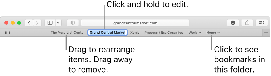 The Favourites bar with a bookmarks folder. To edit a bookmark or folder in the bar, click and hold it. To rearrange items in the bar, drag them. To remove an item, drag it away from the bar.