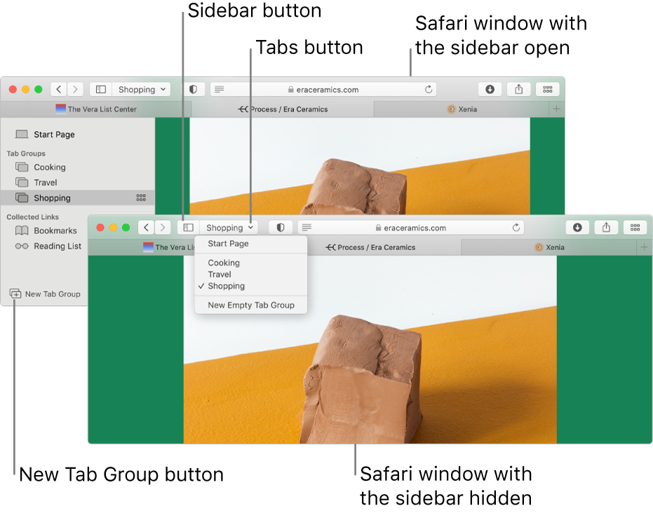 Tab Groups in two Safari windows. One window shows the Tab Groups in a list under the down arrow next to the sidebar button in the toolbar. The other window shows the same Tab Groups in the sidebar.