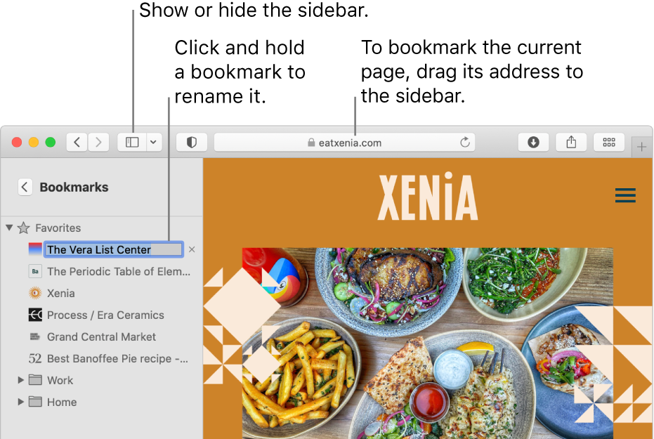 A Safari window showing bookmarks in the sidebar; one bookmark is selected for editing.
