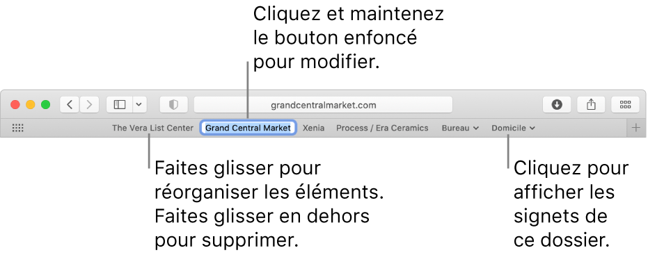 La barre des favoris contenant plusieurs signets et un dossier de signets. Pour modifier un signet ou un dossier dans la barre, cliquez dessus et maintenez le bouton de la souris enfoncé. Pour réorganiser des éléments de la barre, faites-les glisser. Pour supprimer un élément, faites-le glisser en dehors de la barre.