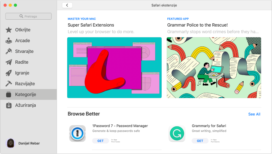Glavna Mac App Store stranica. Rubni stupac s lijeve strane uključuje linkove na različita područja u trgovini, kao što su Arkadne igre i Stvaranje, a odabrana je opcija Kategorije. S desne strane nalazi se kategorija ekstenzija preglednika Safari.